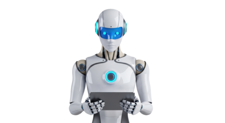 Isolated robot looking at tablet computer, artificial intelligence and machine learning concept