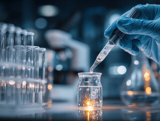 Close-up of a scientist's hand using a pipette for precise liquid transfer in a well-equipped laboratory setting