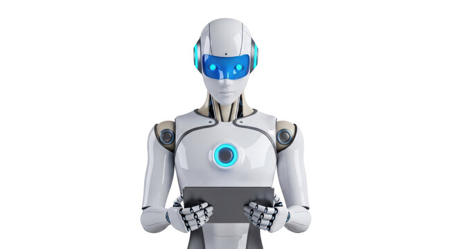 Isolated robot looking at tablet computer, artificial intelligence and machine learning concept