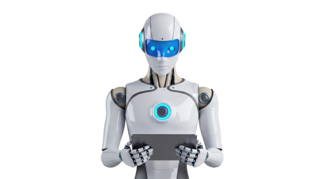 Isolated robot looking at tablet computer, artificial intelligence and machine learning concept