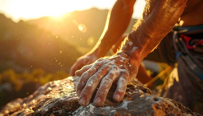 Close-up of climber's chalky hands gripping rock during sunset, embodying strength, determination, and overcoming challenges