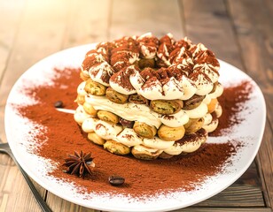 Layered tiramisu dessert on a plate