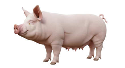 Isolated pig, side view of pink domestic livestock animal, farm production, agriculture concept