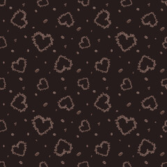 Seamless coffee pattern with hearts and scattered coffee beans on a dark background. for packaging, textiles, greeting cards and decor on a coffee theme.