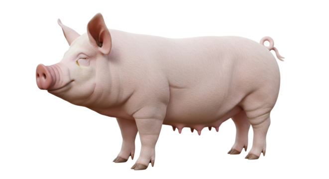Isolated pig, side view of pink domestic livestock animal, farm production, agriculture concept