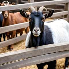 Goat, kambing or Capra aegagrus hircus in the wooden pens, animal background . Livestock concept