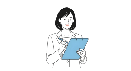 Smiling woman in a white jacket writing on a clipboard.