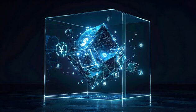 Digital currency concept showcasing interconnected global finance with dollar, yen, and other symbols in a futuristic cube