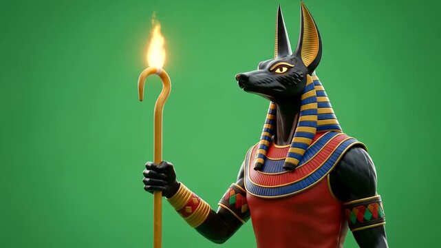 A stylized depiction of Anubis, the Egyptian god of the dead, holding a flaming torch against a vibrant green background.
