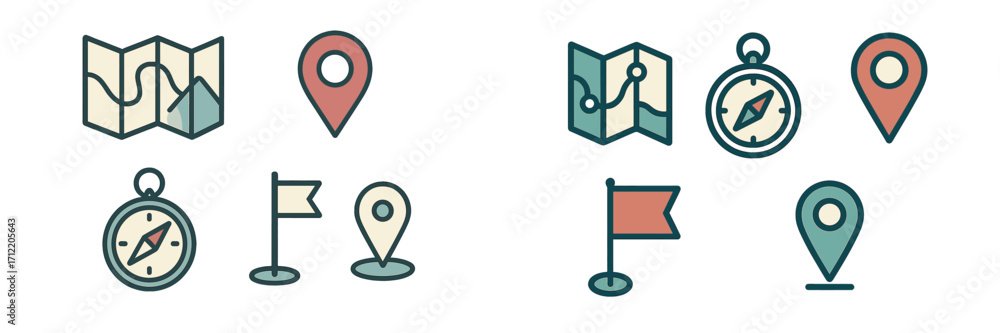 Poster essential navigation and location icons set featuring folded maps, directional compasses, and divers
