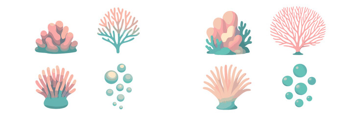 Vibrant collection of stylized underwater coral reef elements, sea anemones, and aquatic bubbles in soft pastel colors
