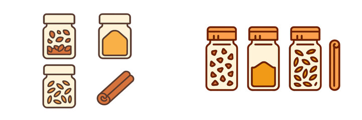 Assortment of spice jars containing whole cinnamon sticks, ground cinnamon powder, and other aromatic spices for culinary use
