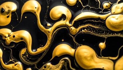 Abstract golden paint swirls and drips on black background create a luxurious, elegant artistic design perfect for high-end branding