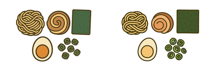 Ramen noodle soup ingredients set with egg, seaweed, fish cake, and green onions for traditional Asian cuisine