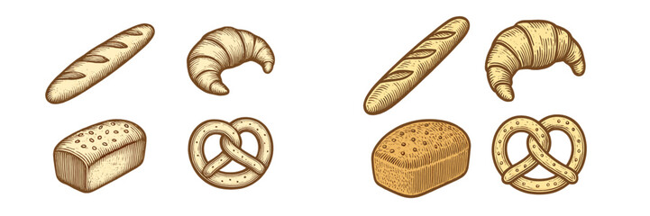Collection of traditional bakery items including baguette, croissant, loaf, and pretzel in vintage engraved style