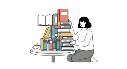 A person arranging a precarious stack of books on a small round table, with a cup.