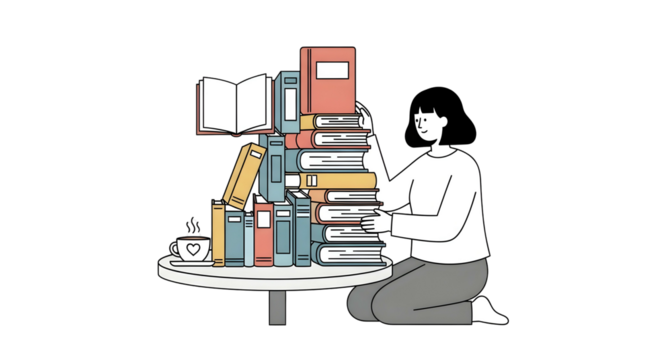 A person arranging a precarious stack of books on a small round table, with a cup.