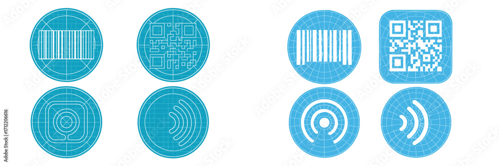 Poster modern digital identification and wireless communication symbols with blueprint grid background for 