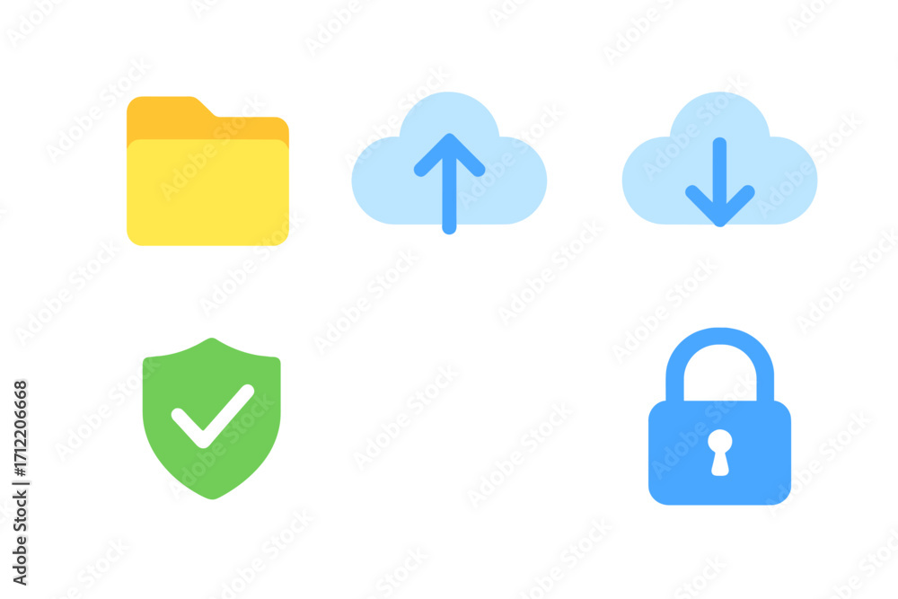 Poster digital data management, cloud storage, and cybersecurity symbols including folder, upload, download