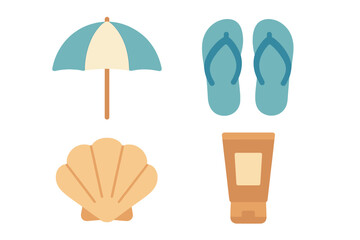 Collection of summer beach vacation essentials including a colorful umbrella, blue flip flops, natural seashell, and protective sunscreen tube