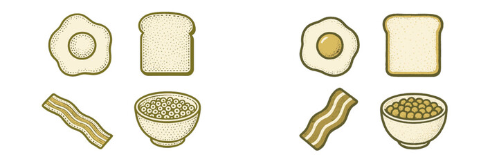 Assortment of popular breakfast foods with fried eggs, toasted bread, strips of bacon, and bowls of breakfast cereal