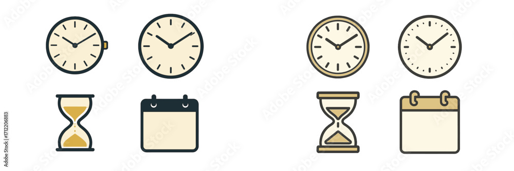 Poster modern collection of time and date icons featuring clocks, hourglasses, and calendars in a clean, mi