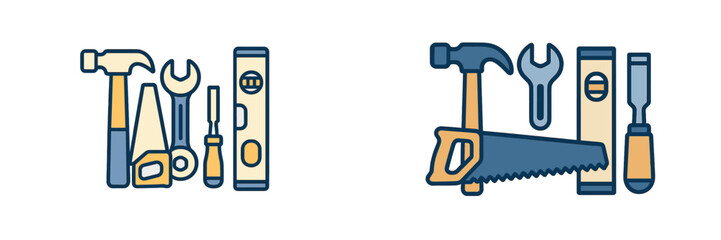 Essential hand tools for carpentry construction and home improvement projects including hammer wrench screwdriver spirit level saw and chisel