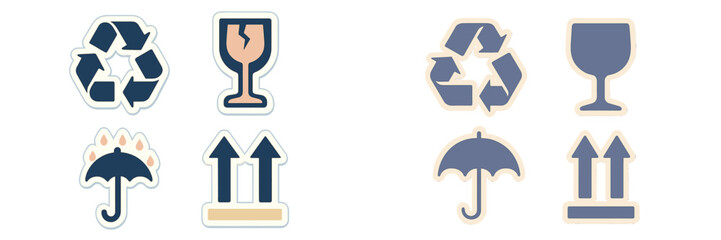 International shipping and packaging symbols for safe handling, including recycle, fragile, keep dry, and orientation indicators