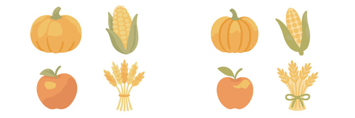 Vibrant autumn harvest collection featuring pumpkins, sweet corn, fresh apples, and golden wheat bundles