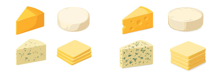 Assortment of various cheese types including cheddar, brie, blue cheese, and sliced cheese on a white background