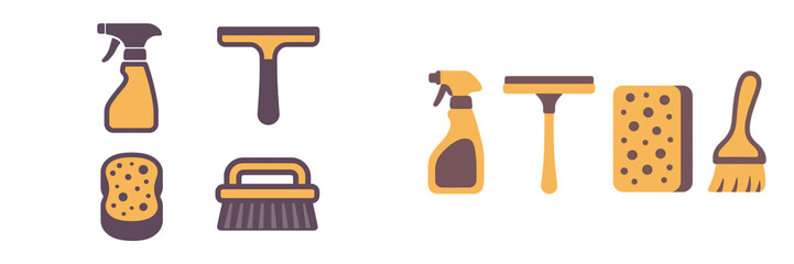 Essential household cleaning tools set with spray bottle, squeegee, sponge, and brush for domestic hygiene tasks