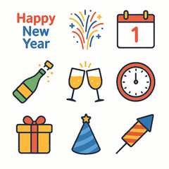 Festive New Year Celebration Icons with Party Decorations and Clocks