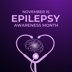Epilepsy Awareness Month, observed in November, raises awareness about epilepsy, seizures, treatment, and brain health. Purple ribbon and  brain Vector illustration. Banner poster, social media vector