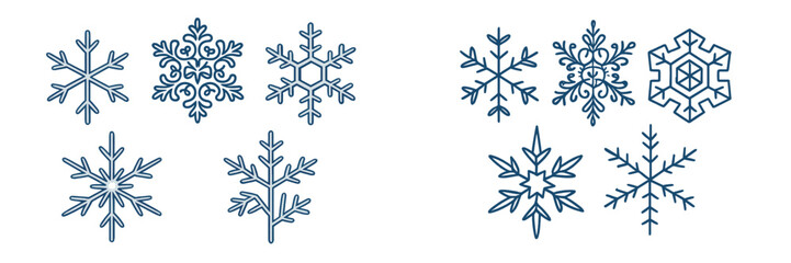 Diverse stylized blue snowflake outlines for winter season greeting cards, festive banners, and holiday digital projects