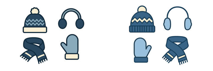 Collection of essential winter clothing accessories featuring a warm beanie hat, earmuffs, cozy scarf, and a protective mitten