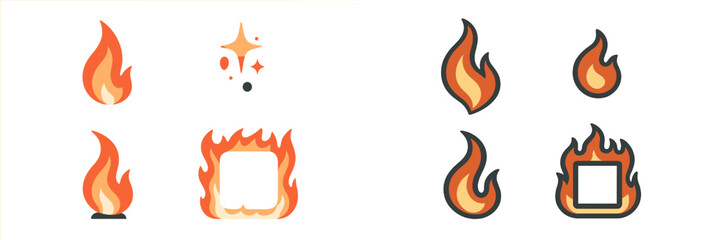 Modern collection of stylized fire flame icons and abstract sparkle symbols for digital design elements and user interface applications with varying styles and outlines