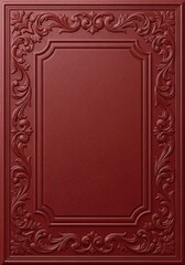 Obraz premium Close-up of burgundy leather book cover with embossed frame, textured surface, aged elegance, realistic detail. 