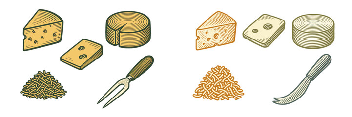 Collection of various cheese types including wedges, blocks, wheels, and shredded cheese with serving tools