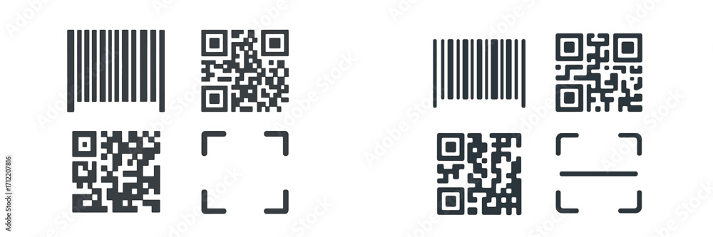 Poster collection of modern barcode and qr code icons with scanner frames for digital identification and da