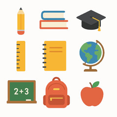 Educational Supplies and Learning Tools Icon Set for School and Classroom Use