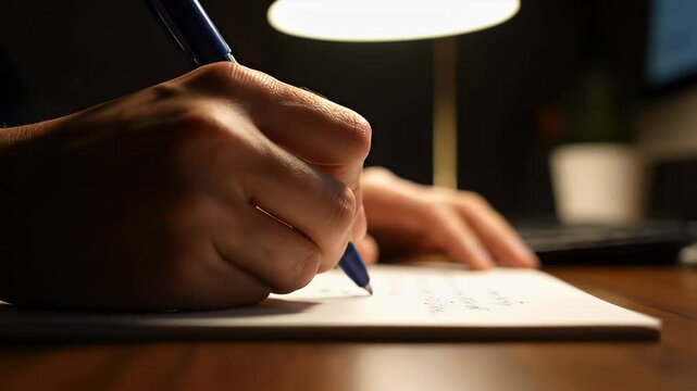 Focused individual writing notes or a letter on a wooden desk late at night under a warm lamp