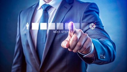 Next step business concept, Goal and target, Success and business target, Next step of work, plan, strategies, vision, project implementation