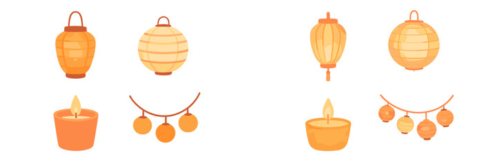 Assortment of traditional Asian lanterns, decorative string lights, and glowing candles for festive occasions and cultural events