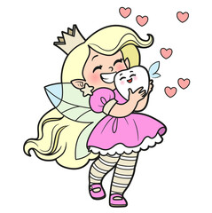 Cute cartoon tooth fairy holding a baby tooth in hands on white background