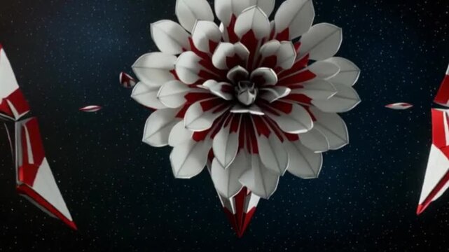 Close-up macro of a red and white dahlia blossom on a black background