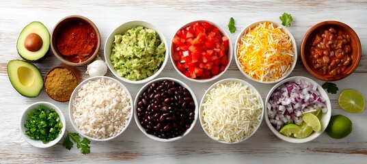 Taco bar ingredients overhead shot with avocado salsa cheese beans rice onions and other fresh toppings