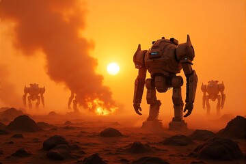 Fototapeta premium Robotic machines advance through a fiery, desert landscape at sunset.