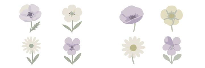 Assorted delicate pastel spring flowers botanical elements set with soft watercolor style and gentle textures