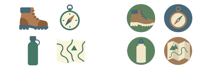 Essential equipment for hiking and outdoor adventures, featuring boots, compass, map, and water bottle for exploration and travel