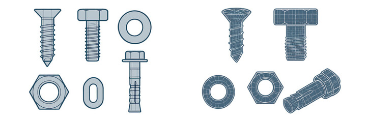 Assortment of metal fasteners and hardware for construction and repair, including screws, bolts, nuts, washers, and anchors © icon_art
